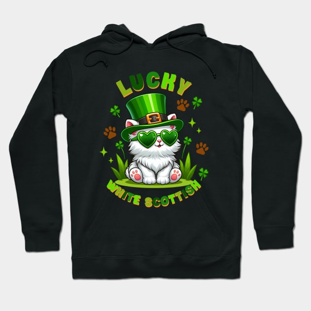 Lucky White Scottish Funny Cat St. Patricks Day Hoodie by Nessanya